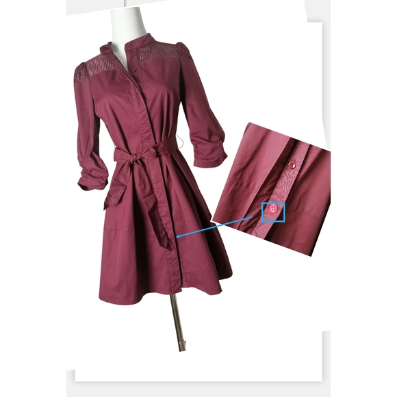 🌰 maroon small stand-up collar 7/10 length sleeves midi dress by MWQR - Picture 7 of 8